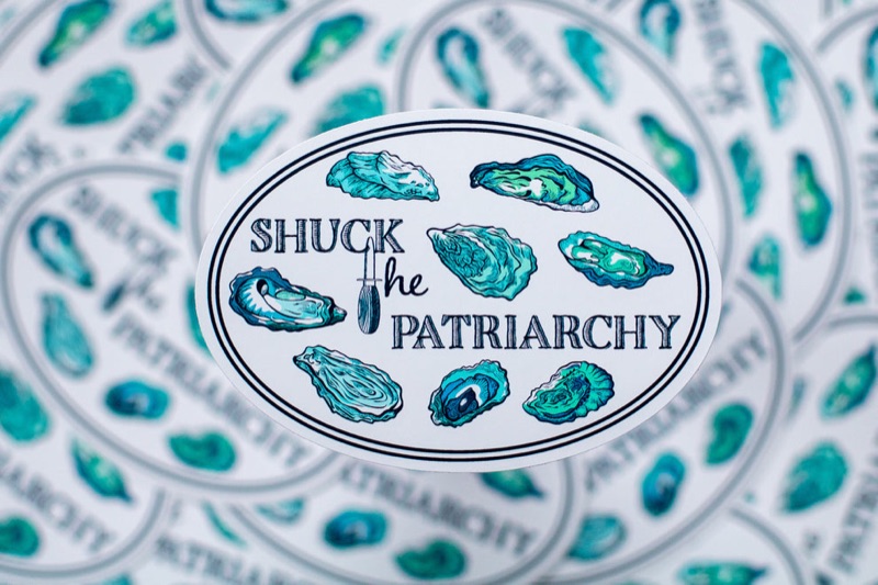 Oval "Shuck the Patriarchy" oyster sticker