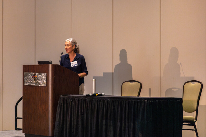 A speaker presenting from the podium
